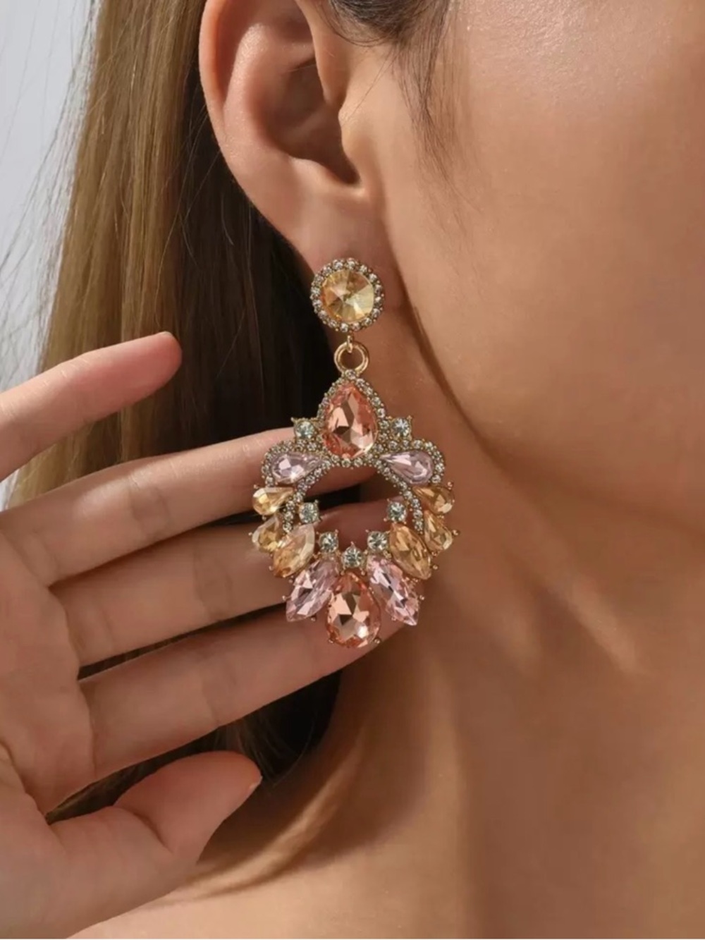 Gold-Tone Pink & Champagne Crystal Chandelier Earrings